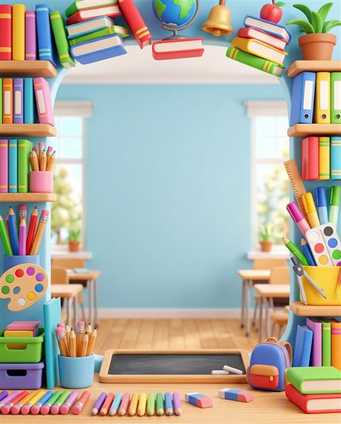 Soft 3d render of friendly school-themed background with books and pencils at the edges and empty center, simple balanced layout, vivid colors, high contrast, energetic, 4:5 aspect ratio