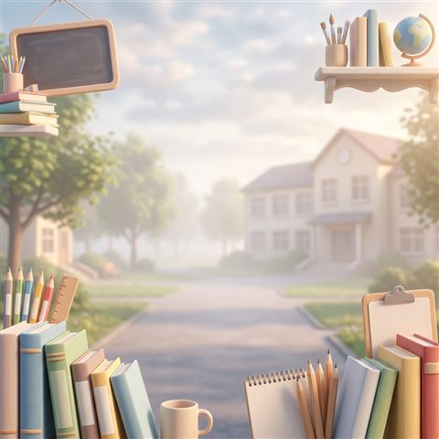 Soft 3d render of friendly school-themed background with books and pencils at the edges and empty center, simple balanced layout, misty morning haze, dreamy, 1:1 aspect ratio