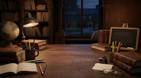 Soft 3d render of friendly school-themed background with books and pencils at the edges and empty center, simple balanced layout, moody dark tones, dramatic lighting, 16:9 aspect ratio