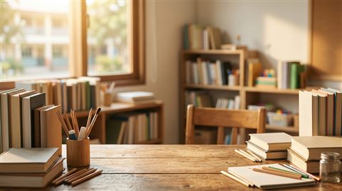 Soft photorealistic background photo of friendly school-themed background with books and pencils at the edges and empty center, simple balanced layout, warm golden light, calm mood, 16:9 aspect ratio