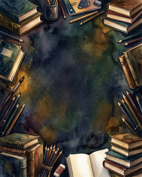 Watercolor texture design of friendly school-themed background with books and pencils at the edges and empty center, simple balanced layout, moody dark tones, dramatic lighting, 4:5 aspect ratio