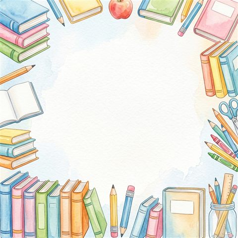 Watercolor texture design of friendly school-themed background with books and pencils at the edges and empty center, simple balanced layout, soft pastel colors, bright and cozy, 1:1 aspect ratio