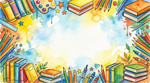 Watercolor texture design of friendly school-themed background with books and pencils at the edges and empty center, simple balanced layout, vivid colors, high contrast, energetic, 16:9 aspect ratio