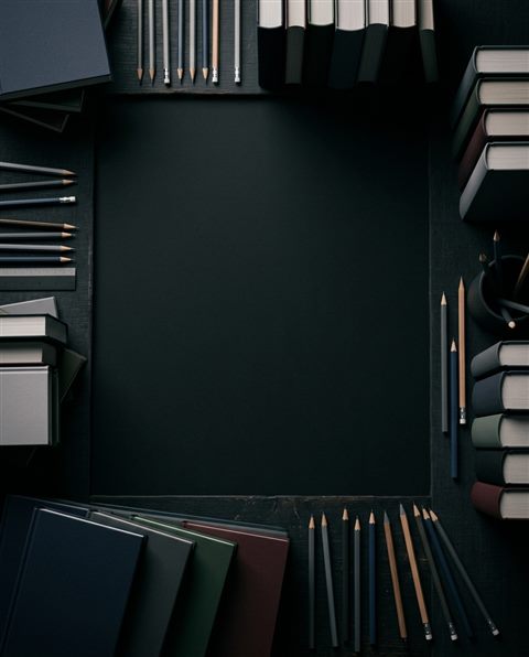 Minimal abstract design of friendly school-themed background with books and pencils at the edges and empty center, simple balanced layout, moody dark tones, dramatic lighting, 4:5 aspect ratio