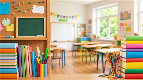 Soft photorealistic background photo of friendly school-themed background with books and pencils at the edges and empty center, simple balanced layout, vivid colors, high contrast, energetic, 16:9 aspect ratio