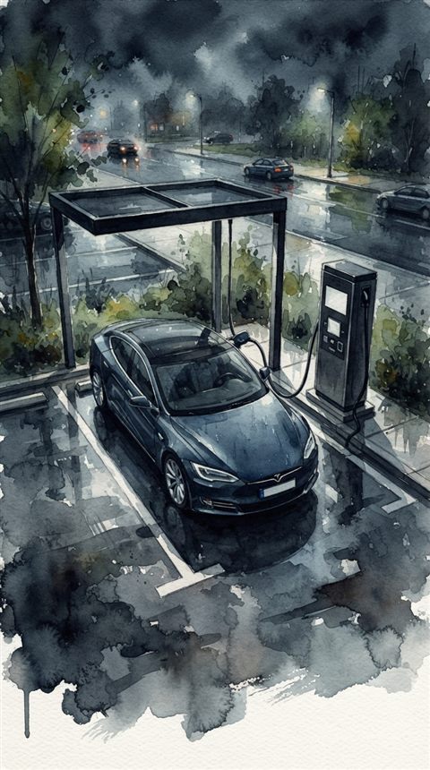 Watercolor illustration of an electric car charging at a station, high-angle view from above, moody dark tones, dramatic lighting, 9:16 aspect ratio
