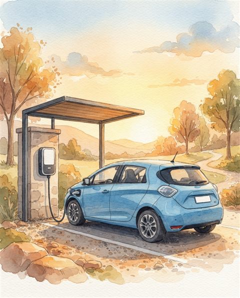 Watercolor illustration of an electric car charging at a station, centered subject with a simple uncluttered composition, warm golden light, calm mood, 4:5 aspect ratio