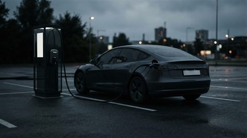 Photorealistic photo of an electric car charging at a station, centered subject with a simple uncluttered composition, moody dark tones, dramatic lighting, 16:9 aspect ratio