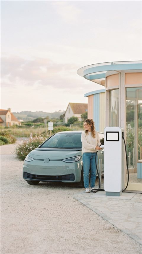 Cinematic film still of an electric car charging at a station, centered subject with a simple uncluttered composition, soft pastel colors, bright and cozy, 9:16 aspect ratio