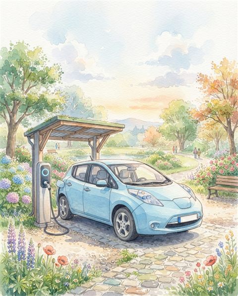 Watercolor illustration of an electric car charging at a station, wide shot with open space at the top for text, soft pastel colors, bright and cozy, 4:5 aspect ratio