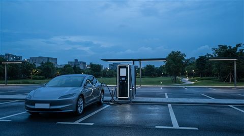 Photorealistic photo of an electric car charging at a station, wide shot with open space at the top for text, cool blue tones, quiet atmosphere, 16:9 aspect ratio
