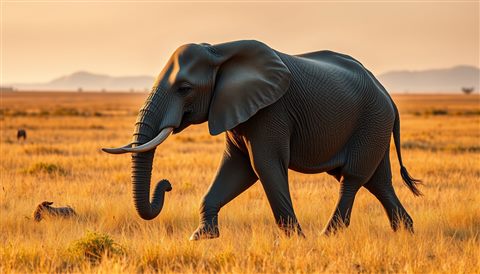 Photorealistic photo of A magnificent wild elephant walking across a golden grassland in a vast national park during late afternoon., wide shot with open space at the top for text, warm golden light, calm mood, 16:9 aspect ratio