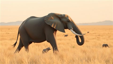Minimal flat illustration of A magnificent wild elephant walking across a golden grassland in a vast national park during late afternoon., wide shot with open space at the top for text, soft pastel colors, bright and cozy, 16:9 aspect ratio