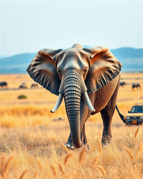 Watercolor illustration of A magnificent wild elephant walking across a golden grassland in a vast national park during late afternoon., close-up detail with shallow depth of field, cool blue tones, quiet atmosphere, 4:5 aspect ratio