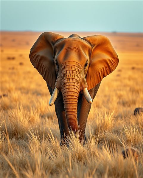 Cinematic film still of A magnificent wild elephant walking across a golden grassland in a vast national park during late afternoon., close-up detail with shallow depth of field, vivid colors, high contrast, energetic, 4:5 aspect ratio