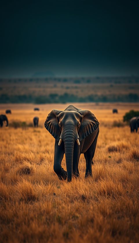 Photorealistic photo of A magnificent wild elephant walking across a golden grassland in a vast national park during late afternoon., high-angle view from above, moody dark tones, dramatic lighting, 9:16 aspect ratio