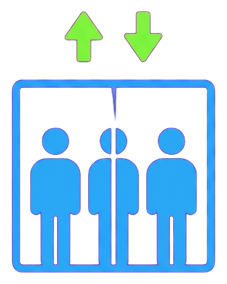 Flat color pictogram, friendly bright colors of an elevator pictogram with people inside and up and down arrows, transparent background PNG