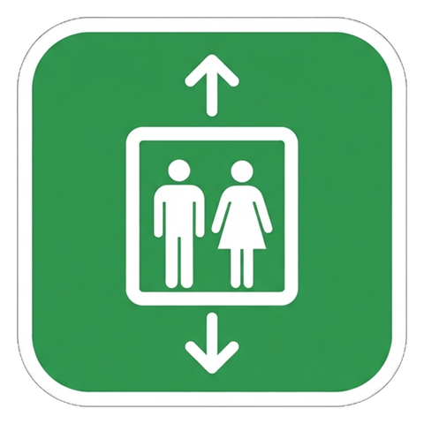 Pictogram sign, white figure on a solid green rounded square of an elevator pictogram with people inside and up and down arrows, transparent background PNG