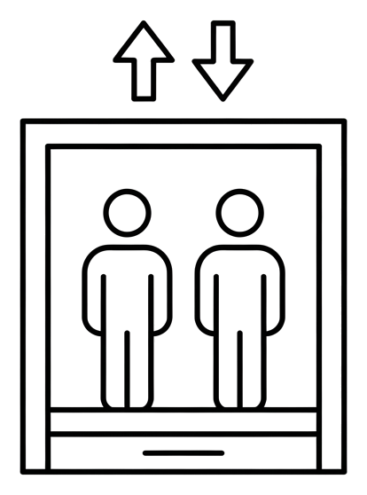 Thin line pictogram, black outline of an elevator pictogram with people inside and up and down arrows, transparent background PNG