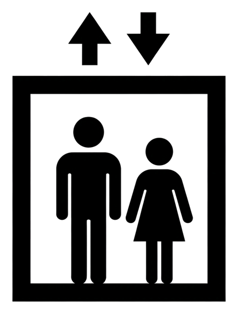 Standard pictogram, solid black figure of an elevator pictogram with people inside and up and down arrows, transparent background PNG