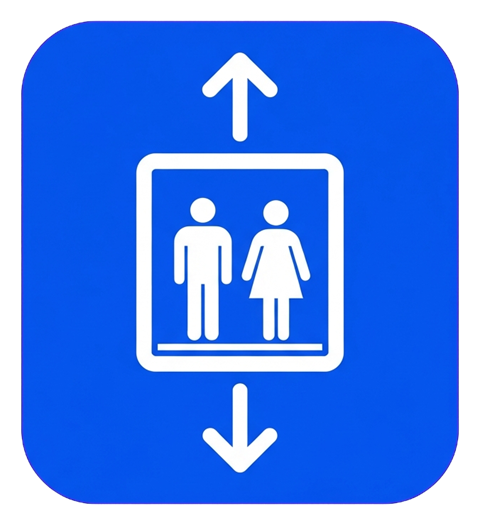 Pictogram sign, white figure on a solid blue rounded square of an elevator pictogram with people inside and up and down arrows, transparent background PNG