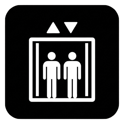 Pictogram sign, white figure on a solid black rounded square of an elevator pictogram with people inside and up and down arrows, transparent background PNG