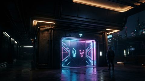Photorealistic photo of Neon glowing elevator pictogram, futuristic cyberpunk style with vibrant blue and pink lights, dark background, wide shot with open space at the top for text, warm golden light, calm mood, 16:9 aspect ratio