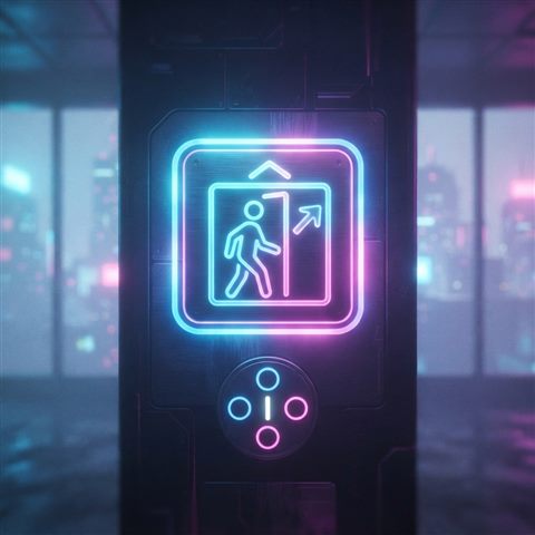 Soft 3D render of Neon glowing elevator pictogram, futuristic cyberpunk style with vibrant blue and pink lights, dark background, centered subject with a simple uncluttered composition, misty morning haze, dreamy, 1:1 aspect ratio