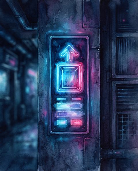 Watercolor illustration of Neon glowing elevator pictogram, futuristic cyberpunk style with vibrant blue and pink lights, dark background, close-up detail with shallow depth of field, cool blue tones, quiet atmosphere, 4:5 aspect ratio