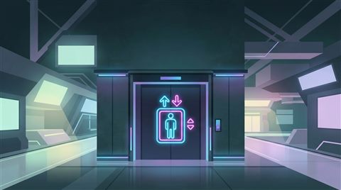 Minimal flat illustration of Neon glowing elevator pictogram, futuristic cyberpunk style with vibrant blue and pink lights, dark background, wide shot with open space at the top for text, soft pastel colors, bright and cozy, 16:9 aspect ratio