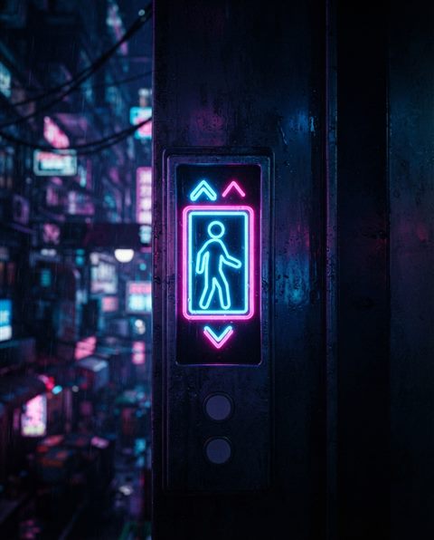 Cinematic film still of Neon glowing elevator pictogram, futuristic cyberpunk style with vibrant blue and pink lights, dark background, close-up detail with shallow depth of field, vivid colors, high contrast, energetic, 4:5 aspect ratio