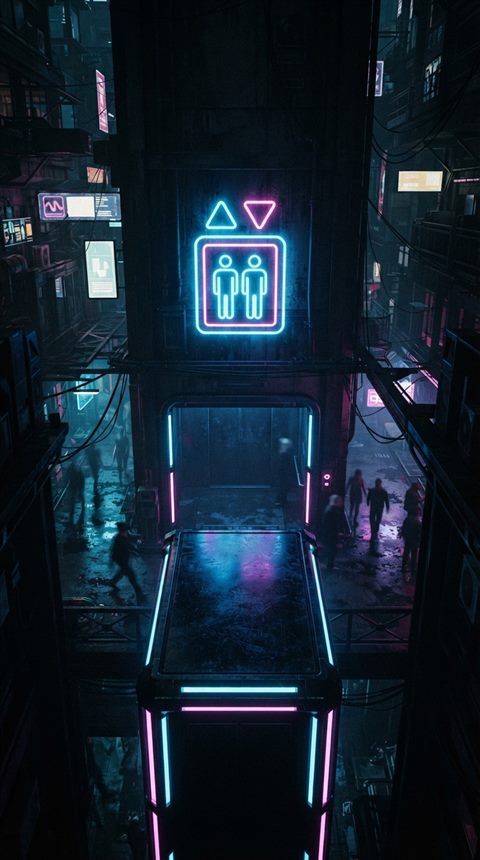 Photorealistic photo of Neon glowing elevator pictogram, futuristic cyberpunk style with vibrant blue and pink lights, dark background, high-angle view from above, moody dark tones, dramatic lighting, 9:16 aspect ratio