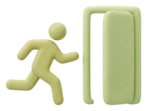 Soft 3D pictogram, pastel clay render of an emergency exit pictogram with a running figure and a door, transparent background PNG