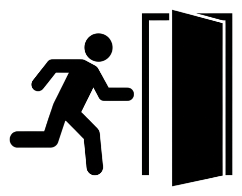 달리는 사람과 문이 있는 비상구 픽토그램, 검은 표준 픽토그램, 투명 배경(누끼) PNG