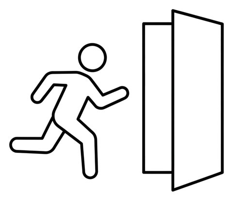 달리는 사람과 문이 있는 비상구 픽토그램, 얇은 선 픽토그램, 투명 배경(누끼) PNG