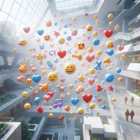 Soft 3D render of A colorful collection of 3D emojis floating against a bright, modern background, high-angle view from above, misty morning haze, dreamy, 1:1 aspect ratio