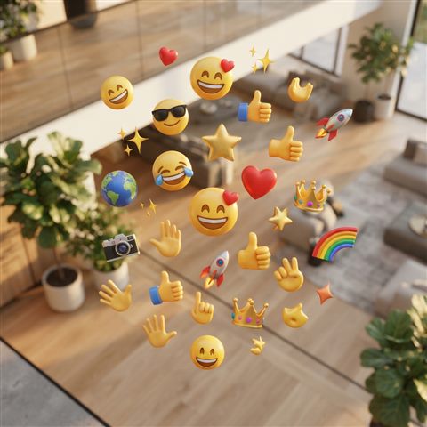 Photorealistic photo of A colorful collection of 3D emojis floating against a bright, modern background, high-angle view from above, warm golden light, calm mood, 1:1 aspect ratio