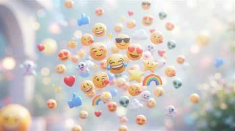 Soft 3D render of A colorful collection of 3D emojis floating against a bright, modern background, close-up detail with shallow depth of field, misty morning haze, dreamy, 16:9 aspect ratio