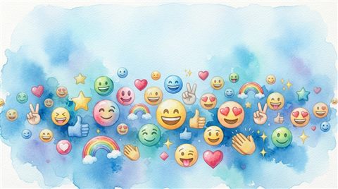 Watercolor illustration of A colorful collection of 3D emojis floating against a bright, modern background, wide shot with open space at the top for text, cool blue tones, quiet atmosphere, 16:9 aspect ratio