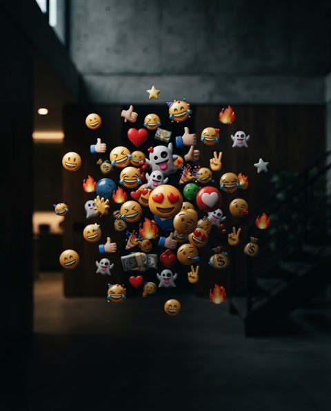 Photorealistic photo of A colorful collection of 3D emojis floating against a bright, modern background, centered subject with a simple uncluttered composition, moody dark tones, dramatic lighting, 4:5 aspect ratio