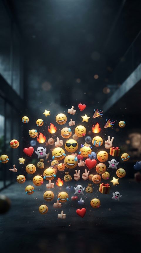 Photorealistic photo of A colorful collection of 3D emojis floating against a bright, modern background, wide shot with open space at the top for text, moody dark tones, dramatic lighting, 9:16 aspect ratio