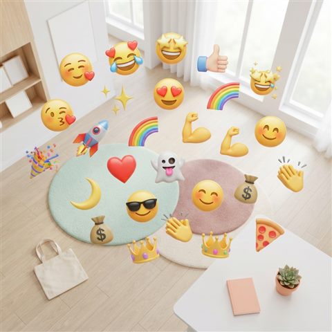 Minimal flat illustration of A colorful collection of 3D emojis floating against a bright, modern background, high-angle view from above, soft pastel colors, bright and cozy, 1:1 aspect ratio