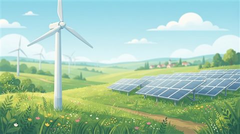 Minimal flat illustration of wind turbines and solar panels in a green field under a clear blue sky, close-up detail with shallow depth of field, soft pastel colors, bright and cozy, 16:9 aspect ratio