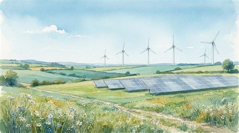 Watercolor illustration of wind turbines and solar panels in a green field under a clear blue sky, wide shot with open space at the top for text, cool blue tones, quiet atmosphere, 16:9 aspect ratio