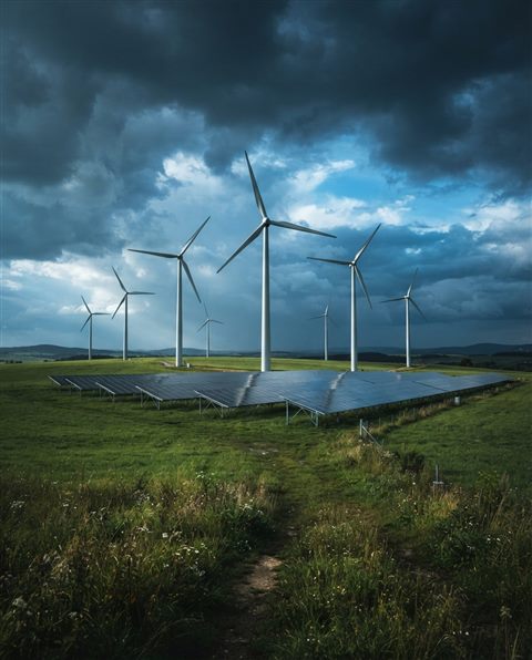 Photorealistic photo of wind turbines and solar panels in a green field under a clear blue sky, centered subject with a simple uncluttered composition, moody dark tones, dramatic lighting, 4:5 aspect ratio
