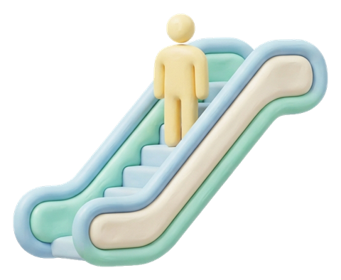 Soft 3D pictogram, pastel clay render of an escalator pictogram with a standing person, transparent background PNG