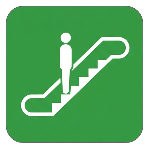 Pictogram sign, white figure on a solid green rounded square of an escalator pictogram with a standing person, transparent background PNG