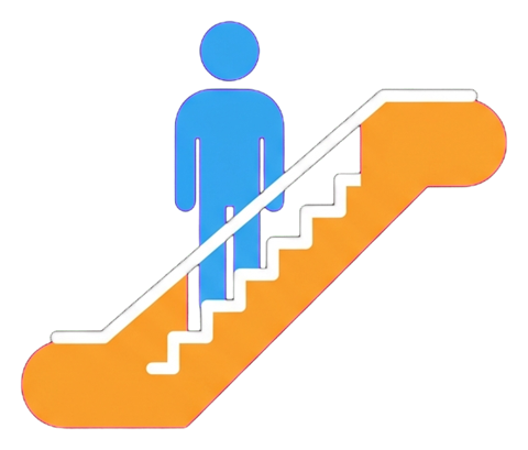 Flat color pictogram, friendly bright colors of an escalator pictogram with a standing person, transparent background PNG