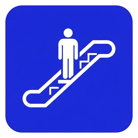 Pictogram sign, white figure on a solid blue rounded square of an escalator pictogram with a standing person, transparent background PNG
