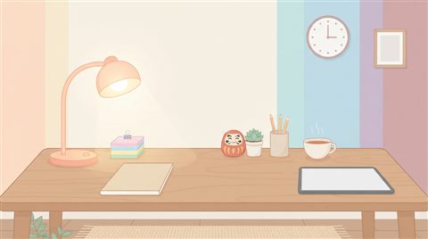 Minimal flat illustration of a desk with a lucky charm, sticky notes and warm light for exam day, wide shot with open space at the top for text, soft pastel colors, bright and cozy, 16:9 aspect ratio